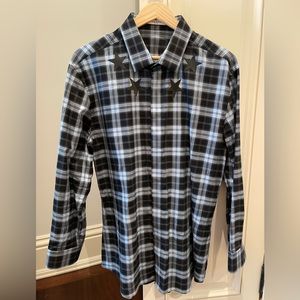 Givenchy Blue Plaid Star Detailing Button Down Shirt. Size:42 UK,US: L Slim Fit